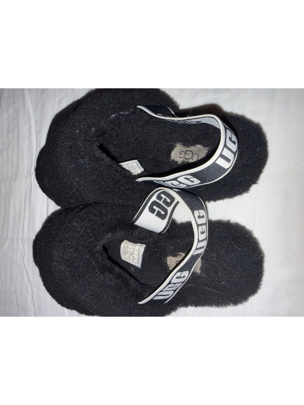 UGG Black Fuzzy Platform Slingback Slippers Logo Strap Women’s
